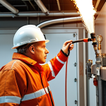 **Prompt:** A fire safety inspector in Sweden, wearing appropriate safety gear, meticulously examining a sprinkler system in an industrial building. Emphasize attention to detail and a sense of responsibility. The scene should convey the importance of preventative safety measures.